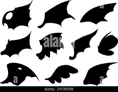 Silhouette d'ailes de dragon noir. Aile isolée de dragons fée dame papillon. Éléments volants pour la conception de décoration de logo de tatouage, ensemble vectoriel de nos jours Illustration de Vecteur