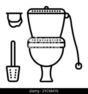 Salle de WC : cuvette de toilette, papier, brosse. Vue de face d'une toilette, illustration vectorielle de la ligne noire, panneaux monochromes de contour Illustration de Vecteur