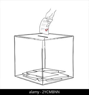 Papier de vote avec coche rouge insérant dans l'urne transparente vecteur de boîte de vote illustration isolée dessinée à la main. Mettre l'esquisse de choix. Jour des élections Illustration de Vecteur