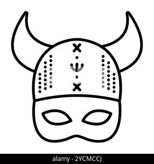 Masque de mascarade Viking avec un chapeau et des cornes, partie costume scandinave, icône de ligne noire vectorielle unique Illustration de Vecteur