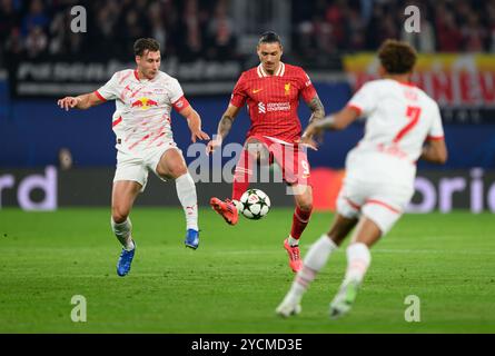 Willi Orban du RB Leipzig (à gauche) et Darwin Nunez de Liverpool se battent pour le ballon lors du match de la phase de groupes de l'UEFA Champions League au RB Arena de Leipzig, en Allemagne. Date de la photo : mercredi 23 octobre 2024. Banque D'Images