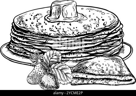 Crêpes sur une assiette. Dessin graphique vectoriel de crêpes avec des fraises. Illustration dessinée à la main en noir et blanc. Sur fond blanc. Pour les menus, Illustration de Vecteur