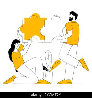 L'homme et la femme relient les éléments du puzzle. Illustration de Vecteur