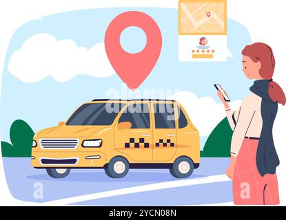 Service de location de cabines. Transport en taxi partageant l'application mobile costomer, passager femme avec smartphone en attente de recherche de voiture de location, évaluation d'Internet pilote illustration vectorielle illustration originale Illustration de Vecteur