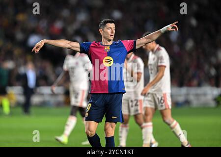 Barcelone, Espagne. 23 octobre 2024. Football : Ligue des Champions, FC Barcelone - Bayern Munich, ronde préliminaire, journée 3, stade Olympique. Robert Lewandowski de Barcelone réagit. Crédit : Sven Hoppe/dpa/Alamy Live News Banque D'Images