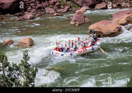 Dinosaur, Colorado - rafteurs de rivière sur la Green River dans le Dinosaur National Monument pagayez à travers Disaster Falls. Les rapides ont été nommés par le major John Banque D'Images