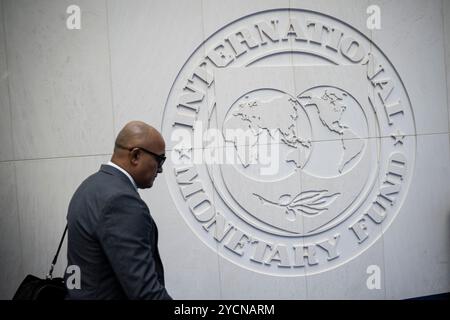 Washington, États-Unis. 23 octobre 2024. Une vue d'ensemble du logo du Fonds monétaire international lors des assemblées annuelles 2024 du Fonds monétaire international et du Groupe de la Banque mondiale, qui se tiennent à Washington, DC, le mercredi 23 octobre, 2024. (Graeme Sloan/Sipa USA) crédit : Sipa USA/Alamy Live News Banque D'Images