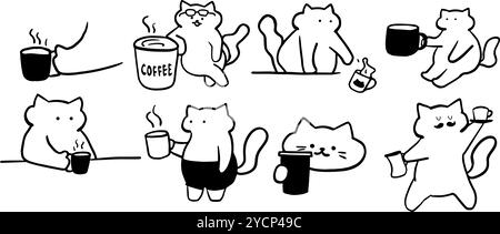 Cat x Coffee Set illustration | vecteur Doodle minimaliste mignon pour le café et les dessins sur le thème des animaux de compagnie Illustration de Vecteur