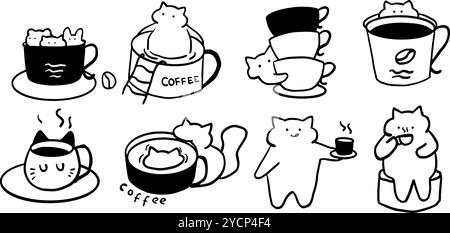 Cat x Coffee Set illustration | vecteur Doodle minimaliste mignon pour le café et les dessins sur le thème des animaux de compagnie Illustration de Vecteur