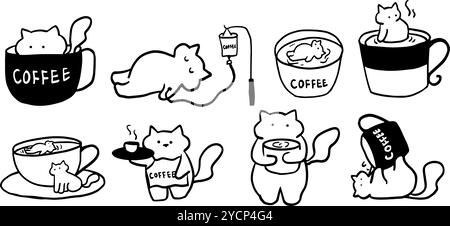 Cat x Coffee Set illustration | vecteur Doodle minimaliste mignon pour le café et les dessins sur le thème des animaux de compagnie Illustration de Vecteur