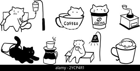 Cat x Coffee Set illustration | vecteur Doodle minimaliste mignon pour le café et les dessins sur le thème des animaux de compagnie Illustration de Vecteur