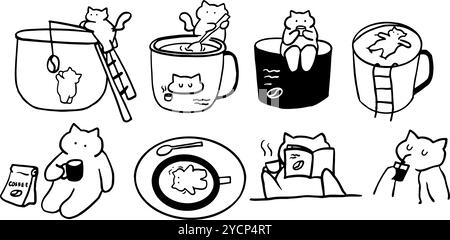 Cat x Coffee Set illustration | vecteur Doodle minimaliste mignon pour le café et les dessins sur le thème des animaux de compagnie Illustration de Vecteur