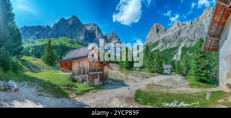 Paysage de montagne idyllique avec des prairies verdoyantes et les majestueuses tours Vajolet du Groupe Rosengarten dans les Dolomites italiennes sur un été ensoleillé d Banque D'Images