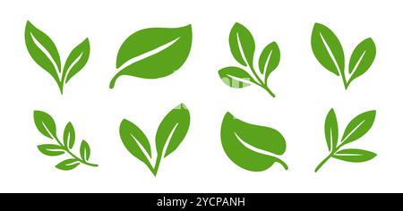 Jeu d'icônes de logo de feuille ECO. Le vert laisse des formes plates. Alimentation saine, bio, végétalien, conception de concept de produit biologique Illustration de Vecteur