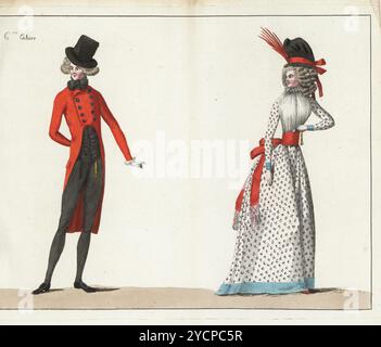 Homme en demi-deuil ou en costume de demi-deuil. En haut-de-forme noir, cheveux en anneaux, cravatte noire, manteau écarlate croisé, gilet de soie, jupe-culotte en cachemire, tuyau en soie, chaussures à boucle. Femme habillée a la constitution. Bonnet demi-casque en gaze noire avec ruban écarlate et aigrette, lin fichu, robe et jupon en coton indien fin cousu avec bouquets, ceinture écharpe, ourlé avec ruban bleu ciel, chaussons nakara. Gravure sur cuivre colorée à la main d’après Jean-Antoine le Brun ou Journal de la mode et du goutte de Lebrun-Tossa, anciennement Cabinet des modes, chez Buisson, Paris, et Joseph le Boffe, Lon Banque D'Images