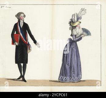 Maire révolutionnaire en costume officiel, 1790. Coiffure à la conseillère, manteau noir et pantalons, ceinture tricolore ou baudrier, tenant un livre avec le titre la nation, la loi et le roi, chaussures à boucle. Femme en taffetas blanc et jaune bonnet, avec ruban violet, cheveux en anneaux, gaze blanche fichu, taffetas violet pierrot veste et jupette, tenant un ventilateur camée fabriqué par Arthus, Blvd. De la chaussee d'Antin. Gravure sur cuivre colorée à la main du Journal de la mode et du goutte de Jean-Antoine le Brun ou Lebrun-Tossa, anciennement Cabinet des modes, chez Buisson, Paris, et Joseph le Boffe, L. Banque D'Images