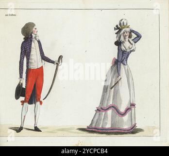 Dandy révolutionnaire français en manteau violet à carreaux, batiste cravatte, gilet bazin, culottes en cachemire écarlate, tuyau en soie, chaussures à boucle argentée, avec sabre canne et chapeau haut de gamme. Femme en bonnet de voile de crêpe sur un cadre de fil de laiton, taffetas violet pierrot, gaze fichu, jupetticoat de taffetas blanc décoré de rubans, éventail vert. Gravure sur cuivre colorée à la main tirée du Journal de la mode et du goutte de Jean-Antoine le Brun ou de Lebrun-Tossa, anciennement Cabinet des modes, chez Buisson, Paris, et Joseph le Boffe, Londres, 1790. Banque D'Images