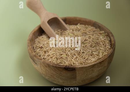 Riz brun dans l'espace de copie de fond vert. Espèce de grains entiers d'épeautre. Ingrédient alimentaire végétalien riche en fibres protéinées à base de plantes. Superaliment sans gluten aliment diététique nutritionnel sain alternatif Banque D'Images