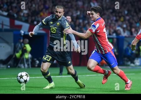 Madrid, Espagne. 23 octobre 2024. Julian Alvarez de l'Atletico Madrid affronte Edon Zhegrova de Lille lors du match de la Ligue des Champions entre l'Atletico de Madrid et le Lille LOSC, à Madrid, en Espagne, le 23 octobre 2024. Crédit : Gustavo Valiente/Xinhua/Alamy Live News Banque D'Images