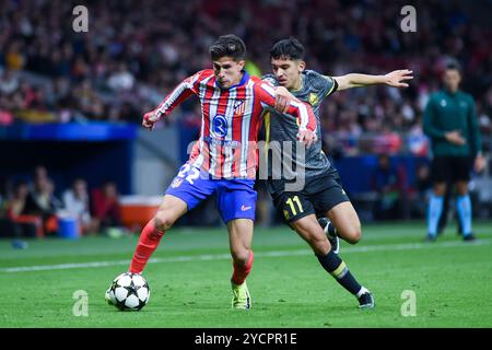 Madrid, Espagne. 23 octobre 2024. Giuliano Simeone (l) de l'Atletico Madrid affronte Osame Sahraoui de Lille lors du match de football de la Ligue des Champions entre l'Atletico de Madrid et le Lille LOSC, à Madrid, en Espagne, le 23 octobre 2024. Crédit : Gustavo Valiente/Xinhua/Alamy Live News Banque D'Images