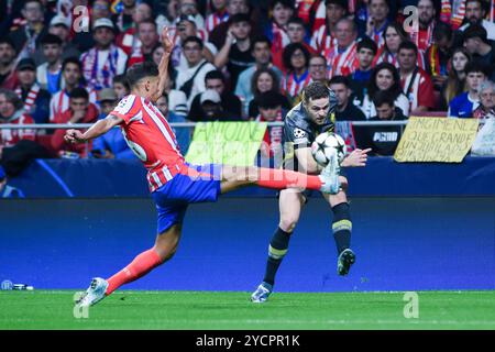 Madrid, Espagne. 23 octobre 2024. Nahuel Molina (l) de l'Atletico Madrid affronte Gabriel Gudmundsson de Lille lors du match de football de la Ligue des Champions entre l'Atletico de Madrid et le Lille LOSC, à Madrid, en Espagne, le 23 octobre 2024. Crédit : Gustavo Valiente/Xinhua/Alamy Live News Banque D'Images