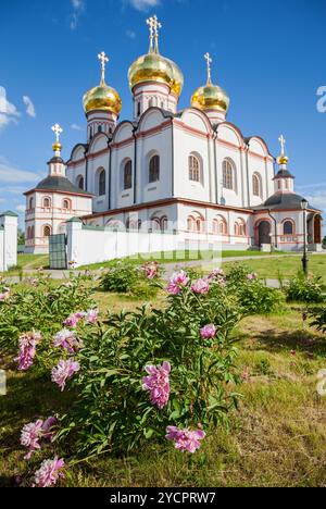 Fleurs décoratives sur le fond Cathédrale de l'Assomption de la Bienheureuse Vierge Marie dans le monastère Iversky, Valday, Ru Banque D'Images