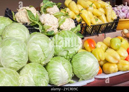 Légumes frais de nouvelle récolte prête à vendre à la marché agricole local Banque D'Images