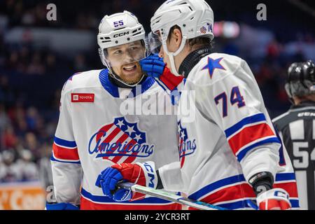 Rochester, New York, États-Unis. 23 octobre 2024. L’attaquant américain de Rochester Josh Dunne (55) patine en première période contre les sénateurs de Belleville. Les Américains de Rochester ont accueilli les sénateurs de Belleville dans un match de la Ligue américaine de hockey au Blue Cross Arena de Rochester, New York. (Jonathan Tenca/CSM). Crédit : csm/Alamy Live News Banque D'Images