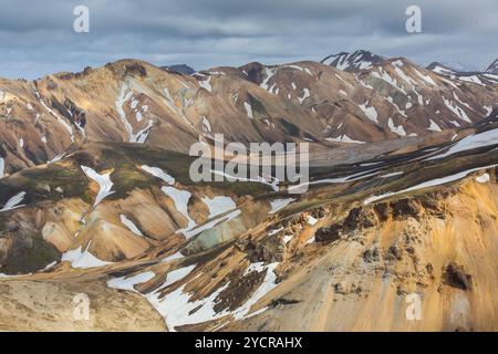 Montagnes de rhyolite colorées avec des résidus de neige sur le volcan Blahnukur à Landmannalaugar, parc national de Fjallabak, Sudurland, Islande Banque D'Images