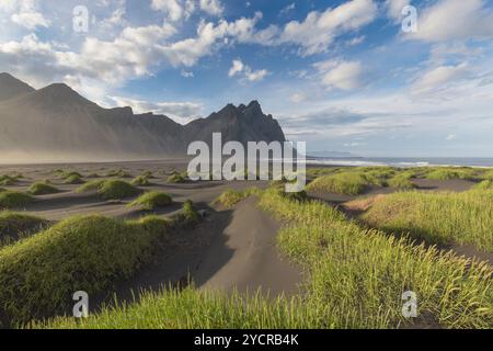 Vue de Vestrahorn sur la chaîne de montagnes Klifatindur, Stokksnes, été, Islande Banque D'Images