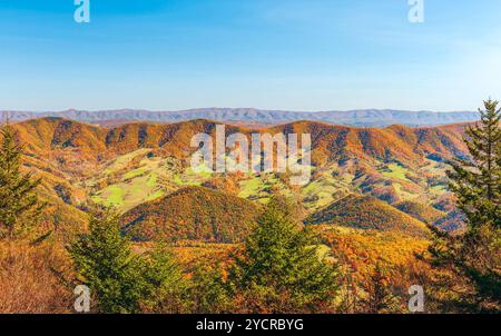 Vue colorée depuis Spruse Knob Overlook dans la forêt nationale de Monongahela. Seneca Rocks. Virginie occidentale. ÉTATS-UNIS Banque D'Images