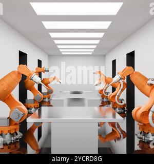 Un espace pour exposer des produits sur une surface de table métallique avec des bras robotisés qui l'entourent dans une usine moderne. Fabrication automatisée. machine lea Banque D'Images