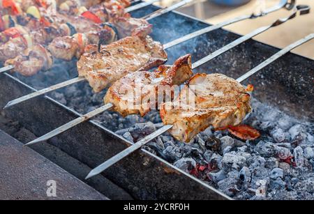 Pièces d'appétissants juteux des grillades de viande cuite sur le grill sur la braise Banque D'Images