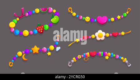 Bracelets d'amitié colorés composés de perles vibrantes et de charmes ludiques comme des fruits et des étoiles, des coeurs et des sourires, des fleurs et de la lune. Ensemble vectoriel de dessin animé d'un ensemble d'accessoires pour fille d'enfant amusant et joyeux. Illustration de Vecteur