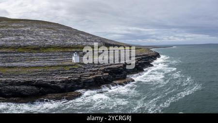 Une vue aérienne de la Burren Coast dans le comté de Clare avec le phare de Black Head sur le point rocheux Banque D'Images