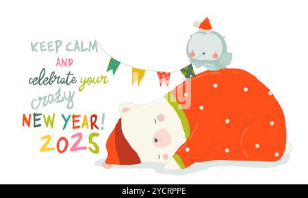 Carte de Noël mignonne avec ours dessiné et chouette polaire Illustration de Vecteur
