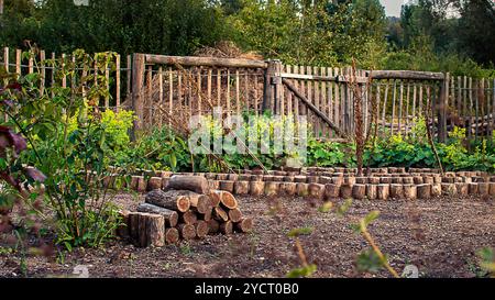 'Une scène de jardin rustique avec du bois de chauffage empilé, des clôtures en bois et des lits de légumes luxuriants, embrassant le charme des matériaux naturels et le jardin durable Banque D'Images