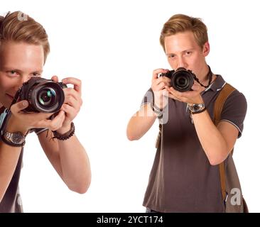 Gros plan portrait d'un jeune homme prenant une photo du coin Banque D'Images