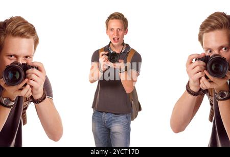 Gros plan portrait d'un jeune homme prenant une photo du coin Banque D'Images