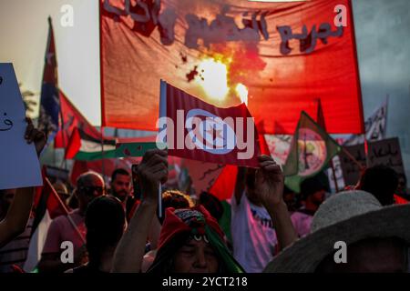 Tunis, Tunisie. 16 août 2024. Les manifestants organisent un rassemblement de solidarité avec le peuple palestinien le long de l’avenue Habib Bourguiba à Tunis en direction de l’ambassade de France. Les participants ont tenu des banderoles et des drapeaux palestiniens et scandé des slogans exigeant la fin de l'assaut israélien en cours contre Gaza et de l'occupation israélienne de la Palestine Banque D'Images