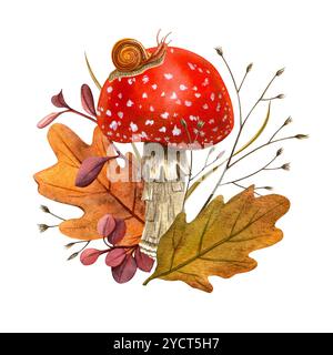 Champignon agarique à la mouche, escargot et feuilles d'automne. Aquarelle amanita isolée peinte à la main botanique détail illustration de cercle vintage. Automne saisonnier Banque D'Images