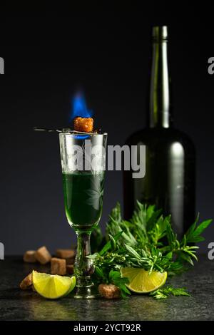 Brûler du sucre sur un verre avec de l'absinthe. Préparation de la boisson. Absinthe avec des ingrédients sur un fond noir. Banque D'Images