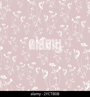 Modèle sans couture de fines silhouettes florales blanches sur un fond rose sourd et poussiéreux Illustration de Vecteur