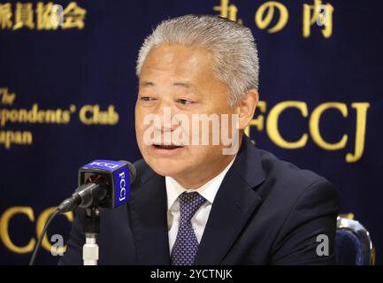 Tokyo, Japon. 24 octobre 2024. Nobuyuki Baba, leader du Japan innovation Party, prononce un discours au Club des correspondants étrangers du Japon à Tokyo le jeudi 24 octobre 2024, alors que le vote des élections législatives aura lieu le 27 octobre. (Photo de Yoshio Tsunoda/AFLO) Banque D'Images