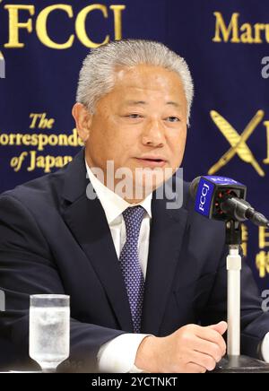 Tokyo, Japon. 24 octobre 2024. Nobuyuki Baba, leader du Japan innovation Party, prononce un discours au Club des correspondants étrangers du Japon à Tokyo le jeudi 24 octobre 2024, alors que le vote des élections législatives aura lieu le 27 octobre. (Photo de Yoshio Tsunoda/AFLO) Banque D'Images