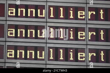 Dresde, Allemagne. 24 octobre 2024. Les vols sont indiqués comme annulés sur un panneau d'affichage à l'aéroport international de Dresde lors d'une grève d'avertissement. Le syndicat de services Verdi demande une augmentation de salaire, une compensation pour l'inflation et une prime pour les membres de Verdi pour les employés des filiales de Lufthansa Airport Service Dresden GmbH (ASD) et Airport Service Leipzig GmbH (ASL). Crédit : Robert Michael/dpa/Alamy Live News Banque D'Images