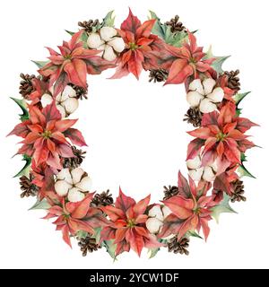 Poinsettia rouge, coton, houx, pommes de pin. Aquarelle illustration dessinée à la main, cadre de couronne isolé sur blanc. Noël, bonne année festive, noël Banque D'Images
