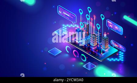 Smart City sur téléphone concept isométrique. L'IA contrôle Futuristic Smart City. Bâtiments futuristes isométriques avec infrastructure urbaine au téléphone. Réseau o Illustration de Vecteur