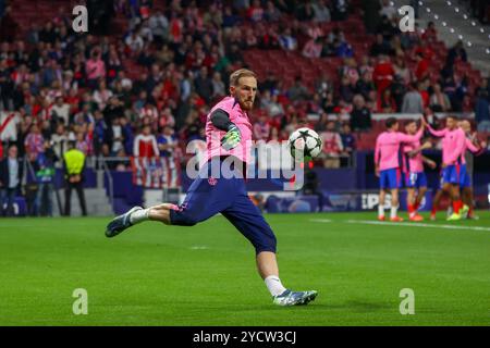 Madrid, Espagne. 23 octobre 2024. Oblak, gardien de but de l'Atletico Madrid s'échauffe avant le match de la 3e manche de l'UEFA Champions League 2024/25 entre l'Atletico Madrid et le LOSC Lille au Riyad Air Metropolitano Stadium L'Atletico Madrid a perdu 1-3 contre Lille en UEFA Champions League ce soir à l'Estadio Metropolitano de Madrid. Crédit : SOPA images Limited/Alamy Live News Banque D'Images