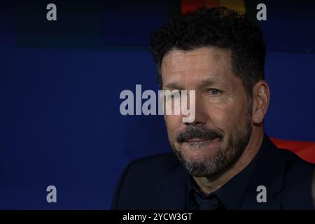 Madrid, Espagne. 23 octobre 2024. Diego Simeone, manager de l'Atletico Madrid, regarde le match de football de la semaine 3 de l'UEFA Champions League entre l'Atletico Madrid et Lille au stade Riyad Air Metropolitano de Madrid L'Atletico Madrid a perdu 1-3 contre Lille en Ligue des Champions de l'UEFA ce soir à l'Estadio Metropolitano de Madrid. Crédit : SOPA images Limited/Alamy Live News Banque D'Images